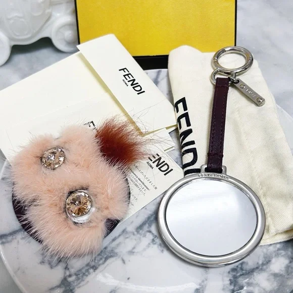 Authentic Fendi Crystal Eye Monster Mink & Rabbit Fur Compact Mirror Bag Charm - Picture 7 of 14